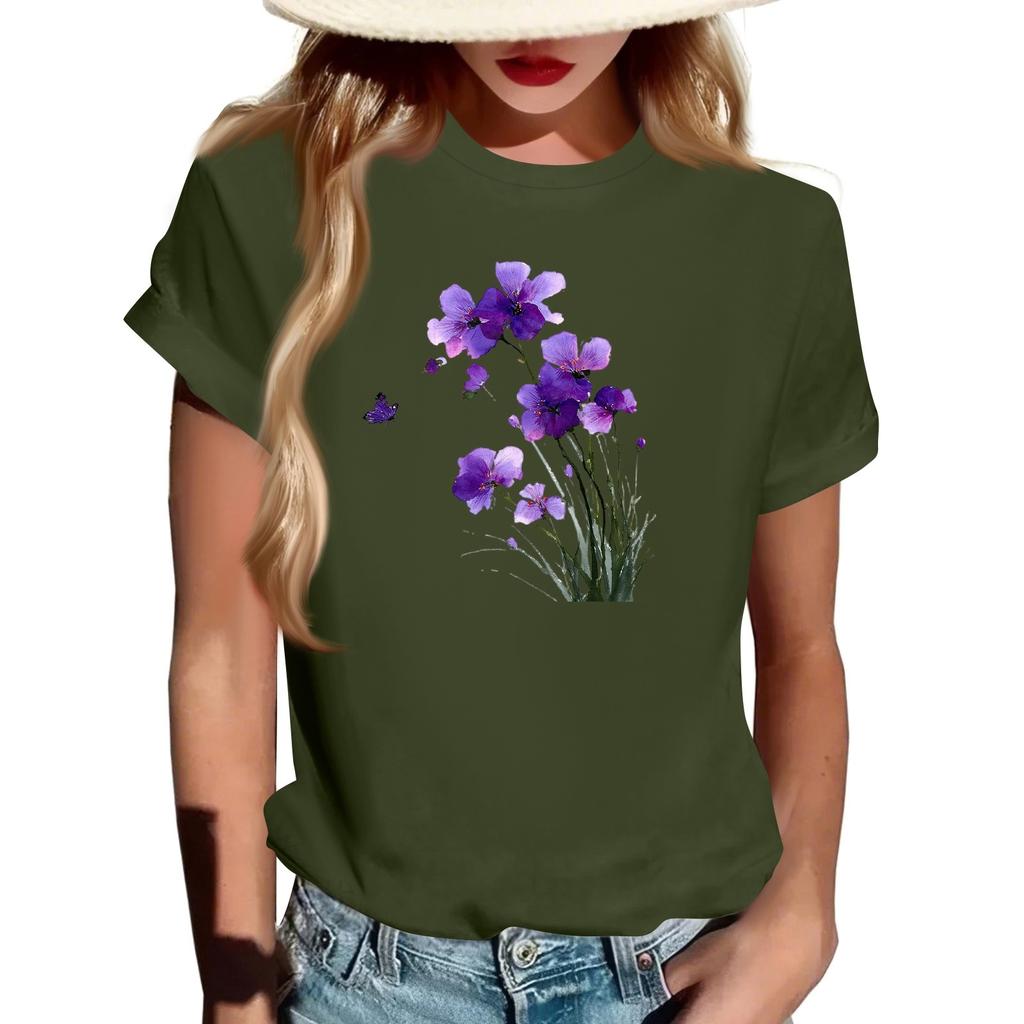 Camiseta Pulóver Casual de Moda para Mujer con Cuello Redondo Estampado y Manga Corta