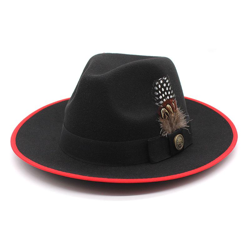 Black Hemming Feather Youth Top Hat Men And Women Large Brim British Fan Wool Gentleman'S Hat