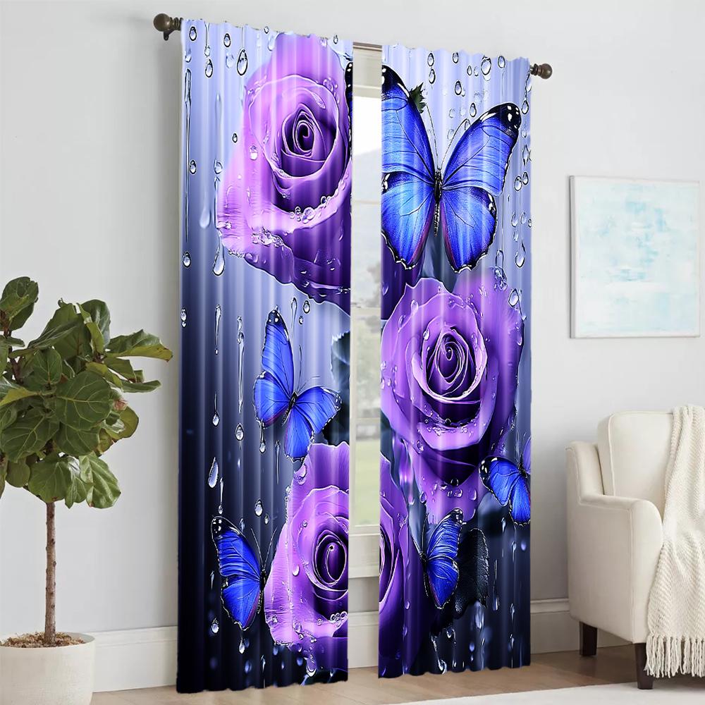 2Pcs Purple Rose Floral Print Curtains Artistic Decor For Bedroom And Living Room Polyester Rod Hole Machine Washable
