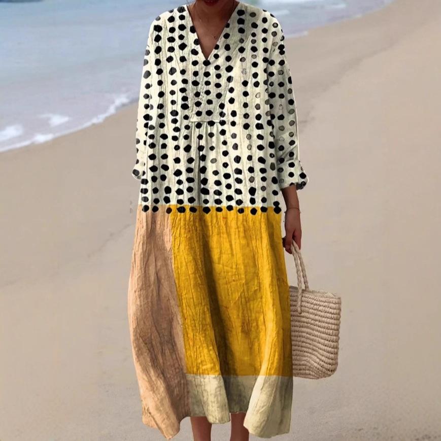 Fashion Vacation Style V-Neck Long Sleeve Printed Loose Beach Dress Women's Stylish Color Block Design Long Dress