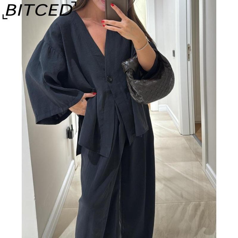 BITCED Women's Fashion Casual Set V-neck Single-Button Loose-Fit Long-Sleeve Top High-Waisted Trousers Two-Piece Set