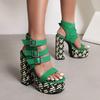2025 Heel Printing Stage Shoes Ultra High Thick Heel Platform Three Row Belt Buckle Peep Toe Shoes Fashion Party Women's Sandals