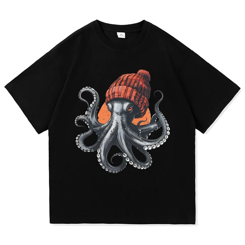 Oktopus mit Mütze T-Shirt Japanischer Stil Lustige Herren Kinder Kleidung Harajuku Kleidung Vintage Hochwertige Oberteile Baumwoll-T-Shirts