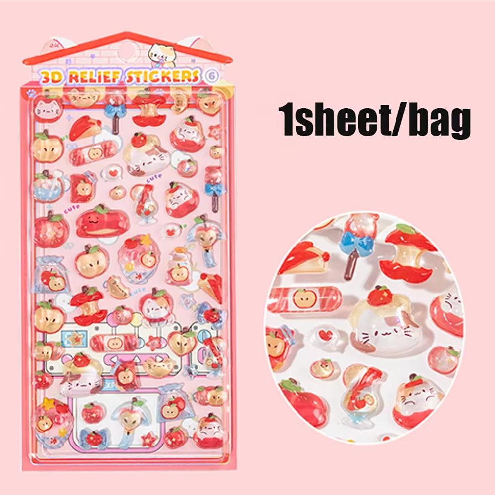 NEW Cute 3D Embossed Stickers Ice Cream Turtle Strawberry Apple Material for Phone DIY Scrapbooking Journaling Craft Supplies