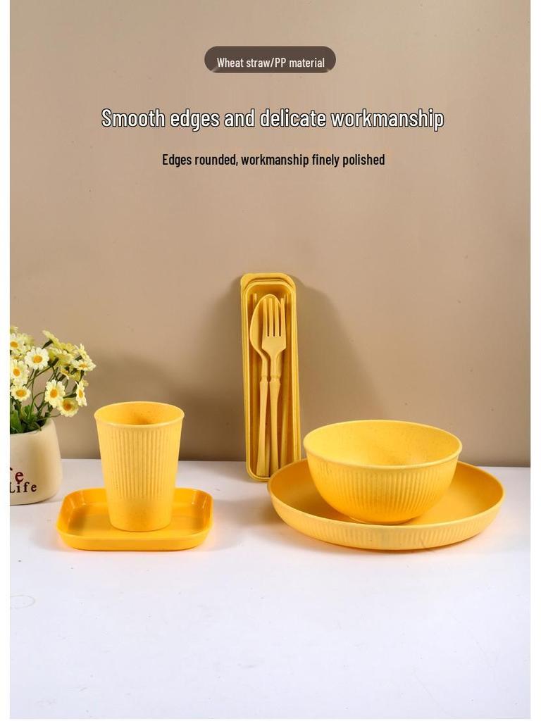 Nordic Wheat Straw Cutlery Set: Soup Bowl, Plate, Cup, Fork, Knife, Spoon, Gift.