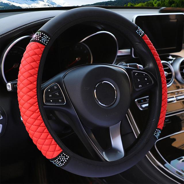 Universal 37-38cm PU Leather Bling Car Steering Wheel Cover Rhinestone Steering-Wheel Covers Auto Interior Decor