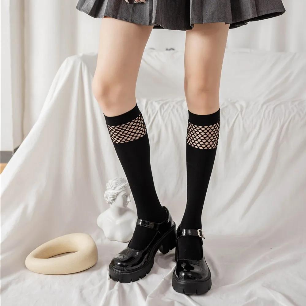 Women Sexy Knee High Socks Mesh Stockings Fashion Fishnet Cute College Style JK Girls Lolita Student Black Gothic Long Sock New