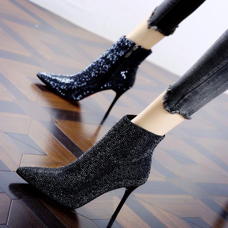 Nou toamnă și iarnă nou lucios sexy vârf ascuțit toc înalt subțire stras botine gleznă pentru femei 8cm toc înalt sandale botine