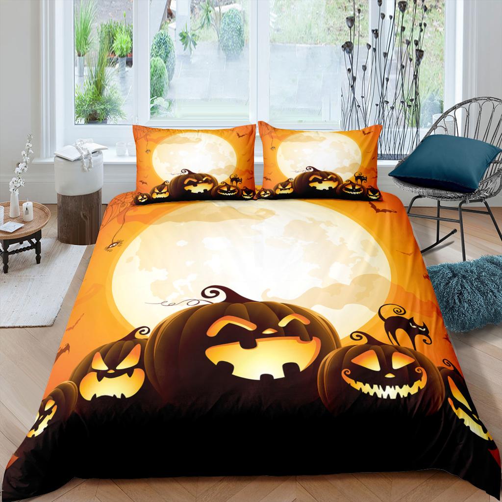 3D Halloween Bedding Set Pumpkin Ghost Quilt Cover Pillowcase 2/3 Pieces AU/DE/EU/US Full Size Soft and Easy To Clean Bedroom Decoration