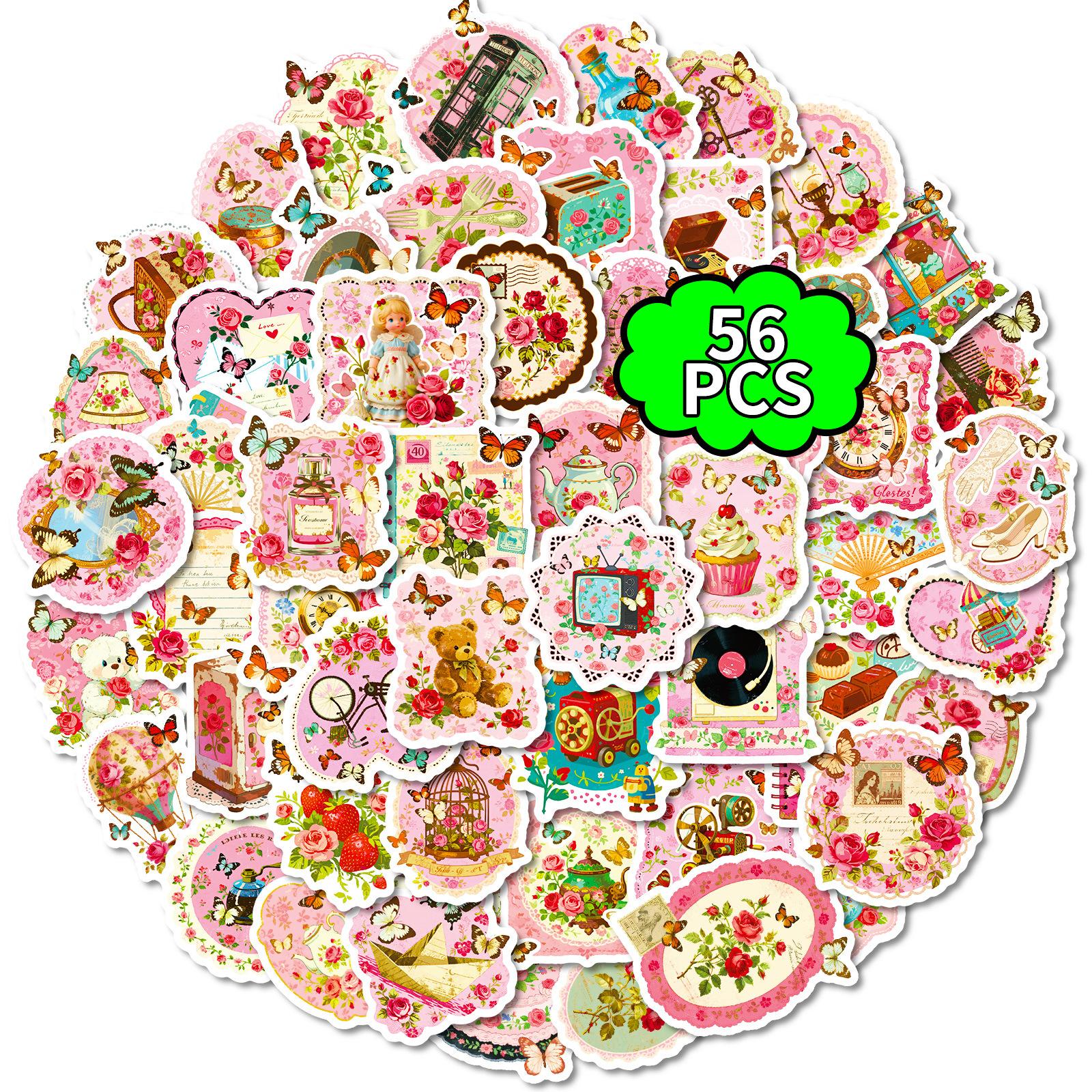 

56 Pink Retro Romance Series Graffiti Stickers Decorating Envelopes Gifts Mobile Phone Roses Stickers