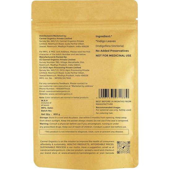 CARMEL ORGANICS Indigo Leaves Powder (800 Grams) – Natural Hair Colorant for Black/Brown Hair, Includes Gloves & Hair Cap, No Added Colors