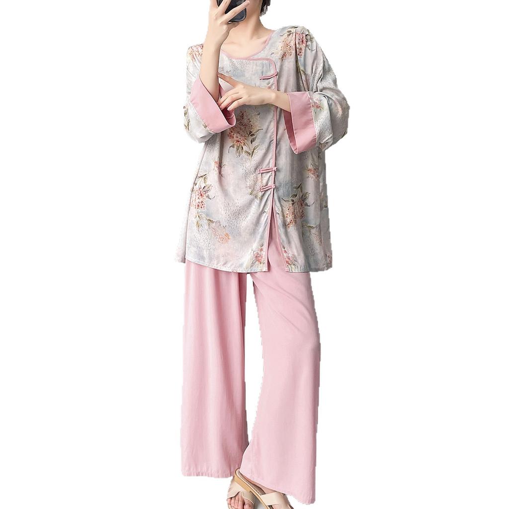 1011 new new Chinese pajamas women's spring and summer improved cheongsam buckle can be worn outside loungewear cotton silk suit thin