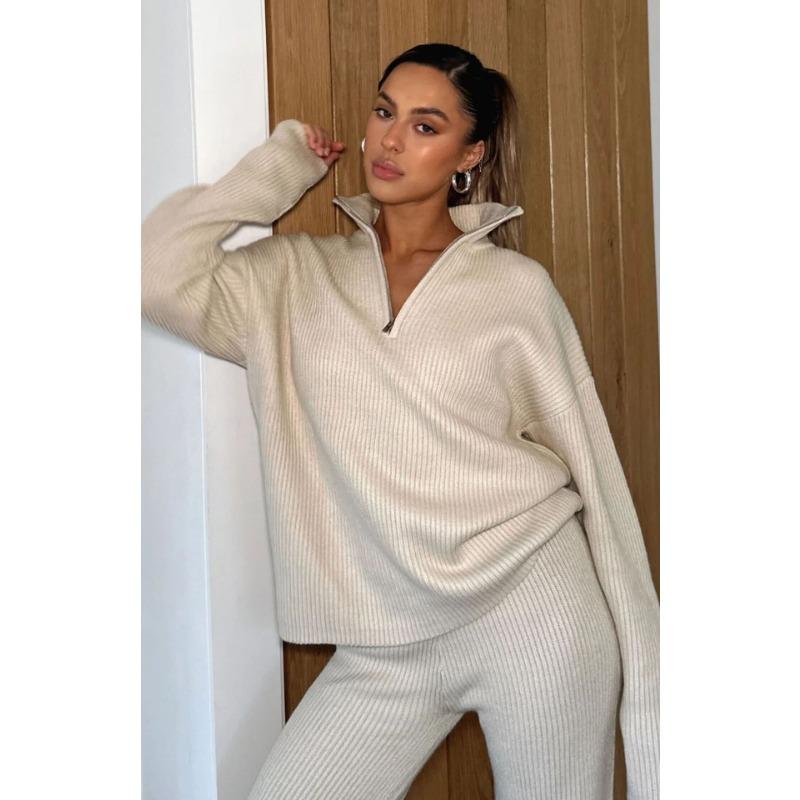 Frauen lose gestrickte Pullover Langarm übergroße hohe Kragen warme Pullover Mode weibliche Herbst Büro Casual Pullover Top Wolle Reißverschluss Anzug zweiteilig