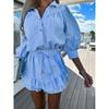 Summer Women Striped Sets Dress Casual Shirts Short Skirt Sets 2 Pieces Fashion Holiday Female Outfits