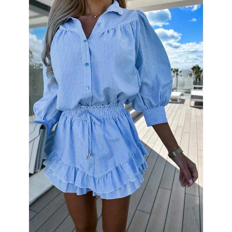 Summer Women Striped Sets Dress Casual Shirts Short Skirt Sets 2 Pieces Fashion Holiday Female Outfits