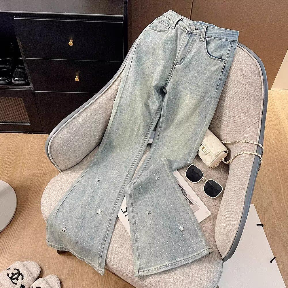 2025 Spring/Summer Elegant Rhinestone Star High-Waisted Flared Jeans 3XL