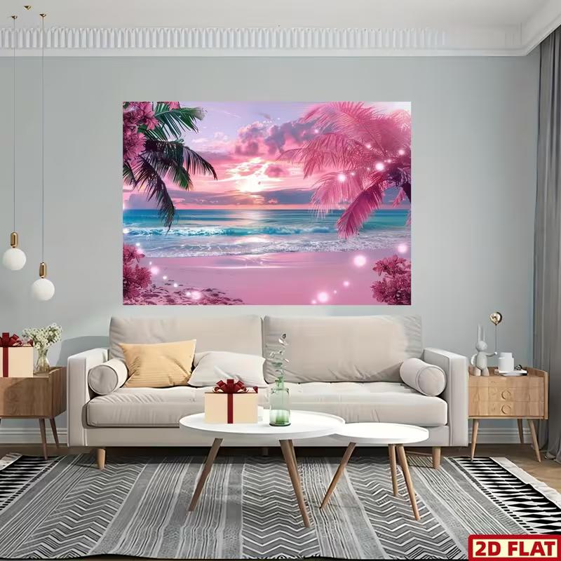 2D Dreamy Pink Sunset Beach Backdrop with Palm Trees & Sparkles