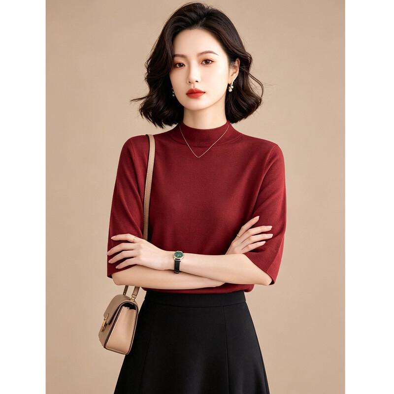 EST+II Women's Stand Collar Knitted Half-Sleeve T-Shirt