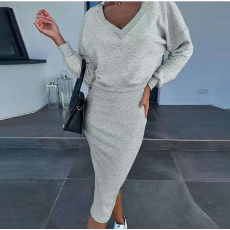 Spring and Autumn Women's Vest Dress V-Neck Long Sleeve Sweatshirt Knitwear Skirt Suit