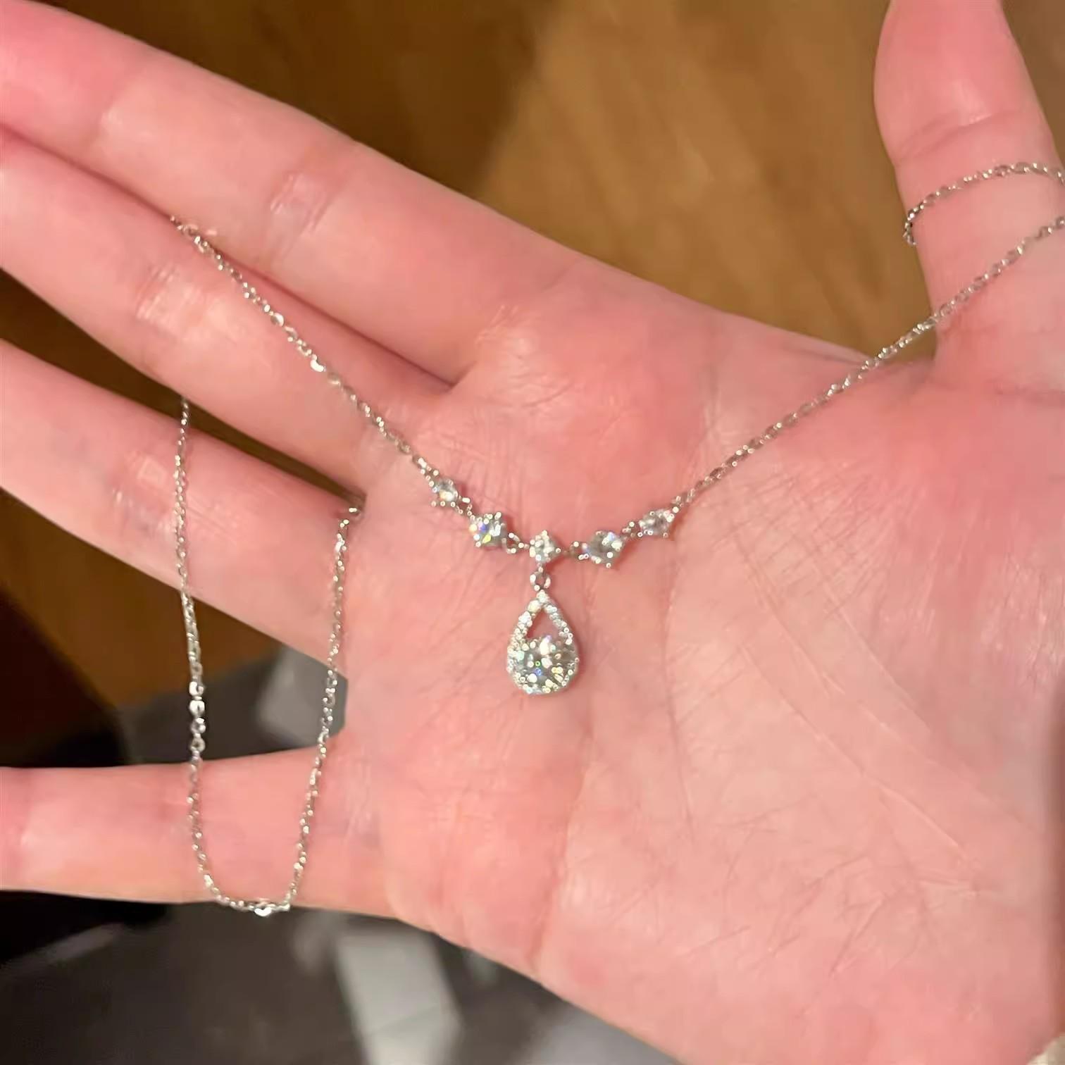 Titanium Steel Mermaid Tear Necklace | Hypoallergenic Tarnish-Resistant Silver Plated Inlaid Diamond Clavicle Chain серебряный