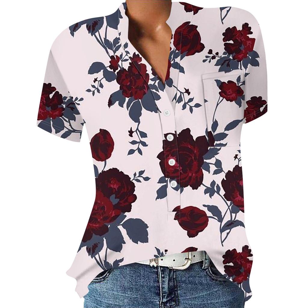 Lässige, bedruckte, kurzärmelige Hemdpullover mit V-Ausschnitt und lockeren Blusenoberteilen für Damen