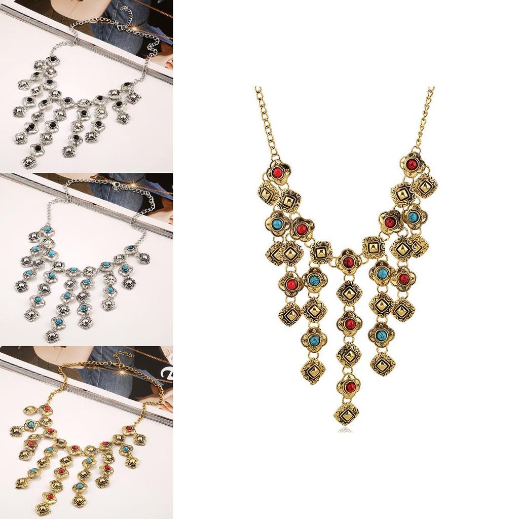 Ethnic Style Simulation Gemstone Decoration Tassel Design Women Necklace For Boho Jewelry Enthusiasts