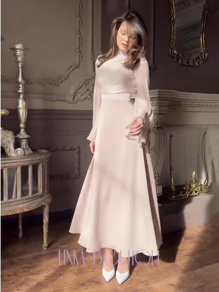 Europejska i Amerykańska Damska Sukienka Herbatka z Półwysokim Dekoltem i Długim Rękawem, 2024 Styl Francuskiej Wróżki, Wyszczuplający Pas