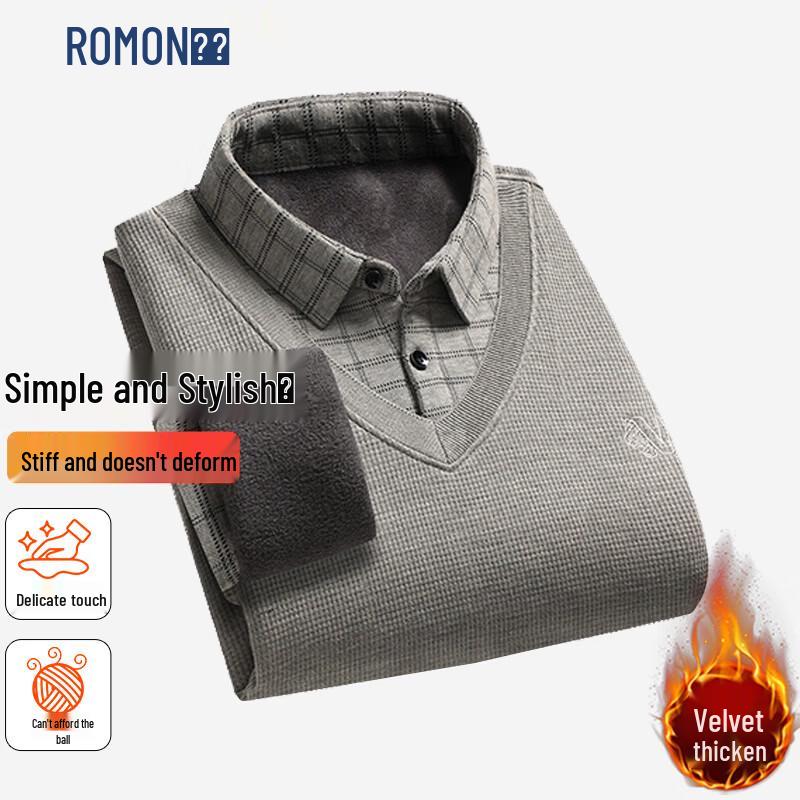 Romon Men s Faux Two-Piece Shirt Collar Plush Lined Sweater 3XL