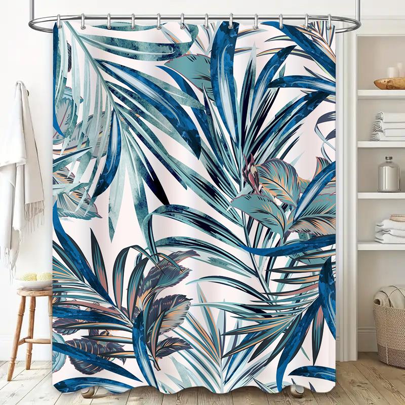 Waterproof bathroom curtain with tropical leaf design modern shower curtain for home decor in blue color