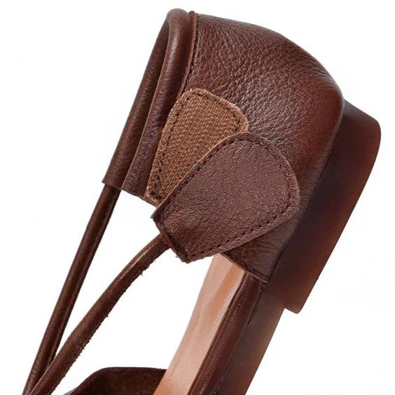Johnature Genuine Leather Round Toe Soft Soled Flat Sandals Retro Pleated Women's Shoes
