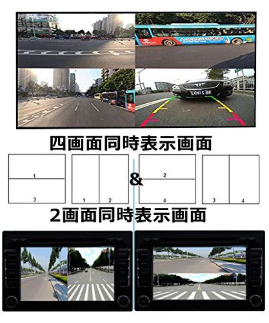video splitter for car splits video into 4 switches between normal and mirrored displays 4 images on one displays and front cameras all at once 4-way
