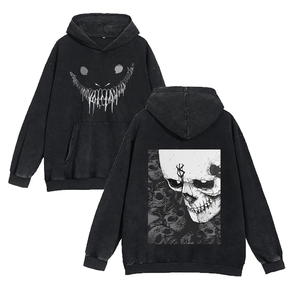 Anime Chaud Berserk Guts Imprimé à Capuche Homme Manga Sweat-shirts à Capuche Délavés Décontractés Amples en Coton Sweat-shirt Harajuku Unisexe Streetwear Hauts