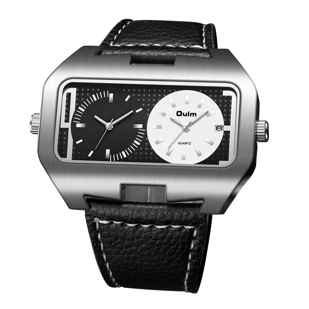 Men's Square Dual Time Watch with Leather Strap: Quartz Analog, Large Dial, Calendar, Business Use.