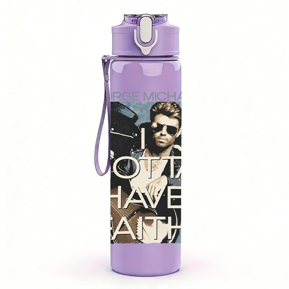 1PC Male Singer Band Vintage Portrait Print 750ml Colorful Plastic Sports Water Bottle Leakproof Pop Up Lid with Straw for Outdoor Work Home Use