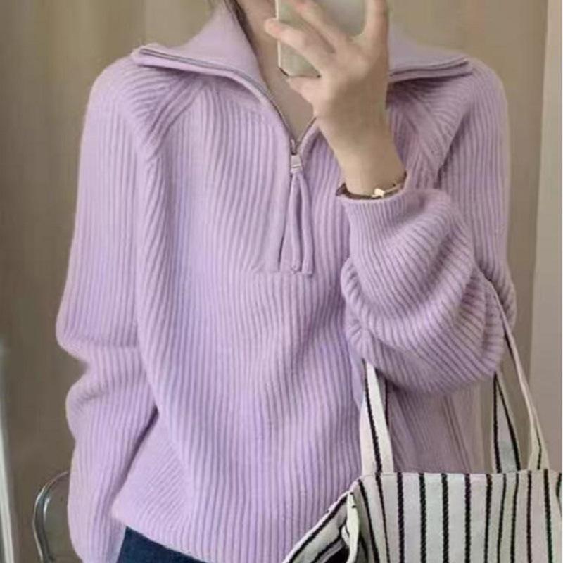 Solid-color loose knit sweater for women, laid-back fashionable Korean style, high neck, half-zip pullover sweater, versatile for autumn and winter