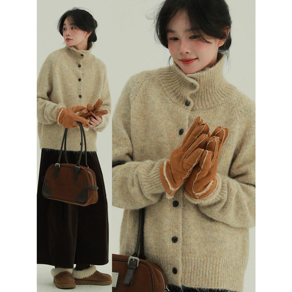 DIMANAF 2025 New Sweaters Buttons Turtleneck Cardigan Autumn Women Solid Knitting Loose