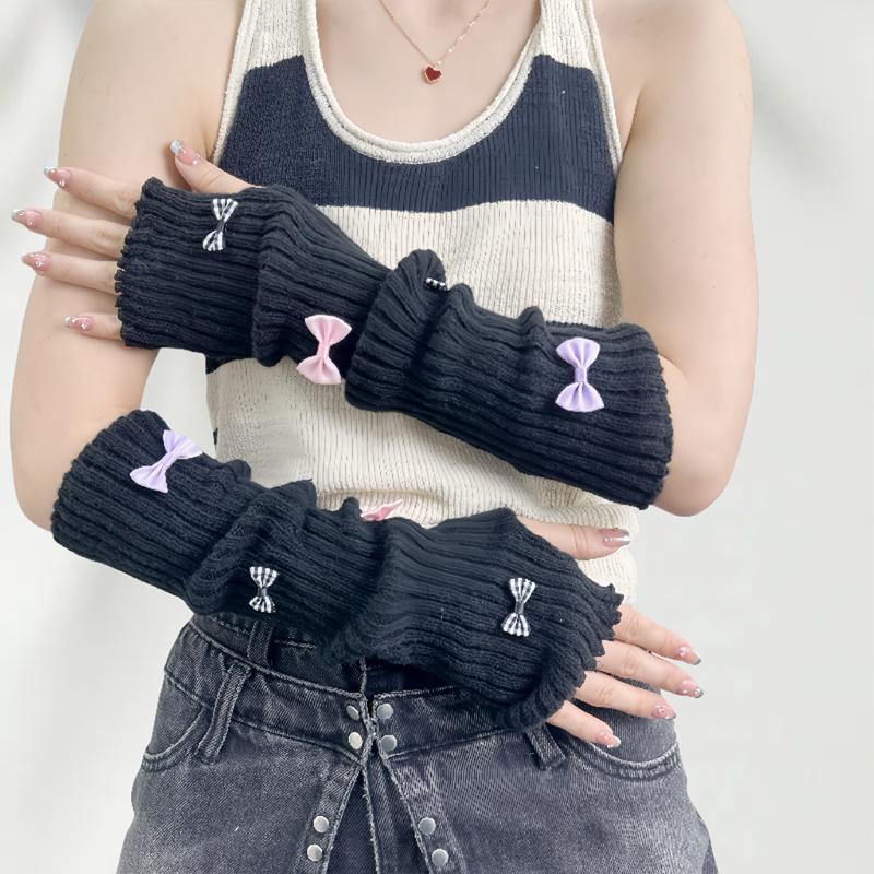 Sweet Cute Fur Bowknot Fingerless Gloves Girl Cosplay Sleeves Arm Sleeves Wool Knitted Sleeves