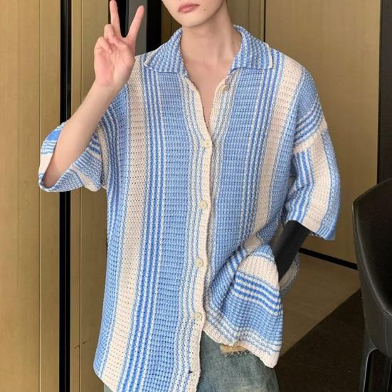 Summer Men Shirt Knitted Color Matching Lapel Elastic Japanese Style Single-breasted Short Sleeves Retro Antu-shrink Casual Vacation Beach Top