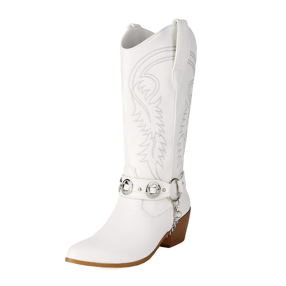 Fashion Plus Size 48 Women's Western Cowboy Boots High Heels Retro Western Boots Embroidery Shoes