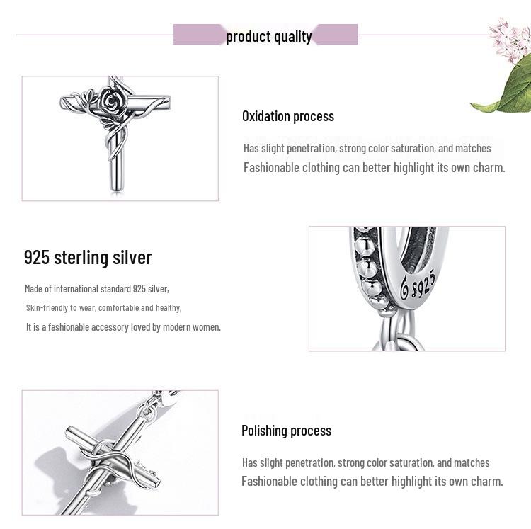 S925 Sterling Silver Rose Cross Pendant Bracelet with European & American Style Flower Beads