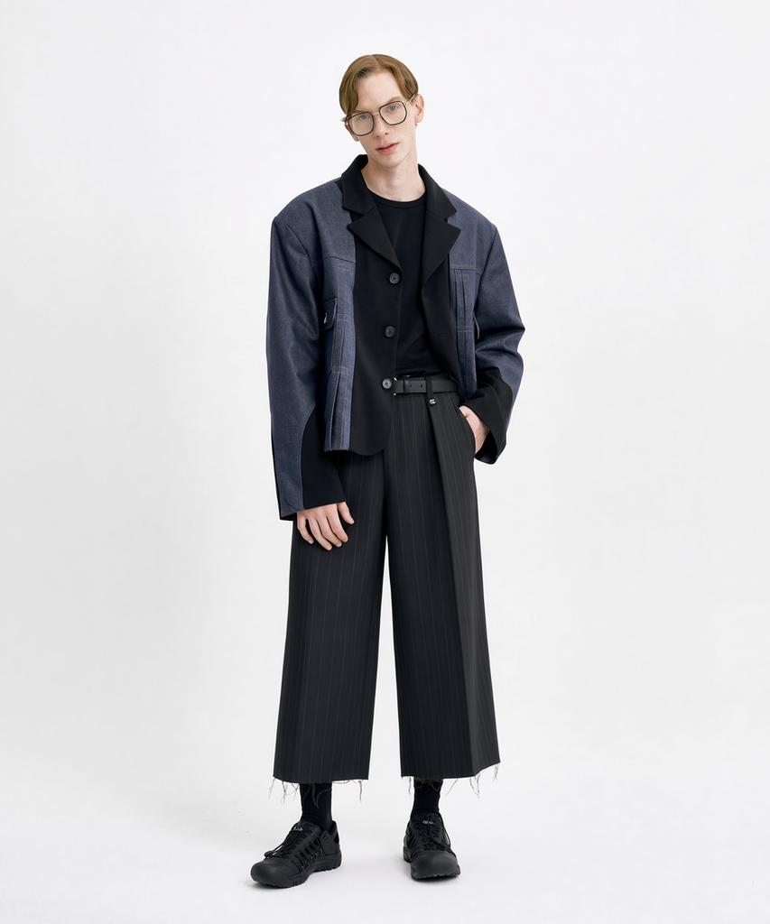 WUNDER GEIST Non-Faded Denim Contrast 3-Button Oversized Cropped Blazer