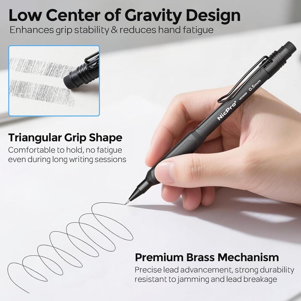 Nicpro HD1000 0.5 mm Art Mechanical Pencil Set in Case, 3 PCS Weatherproof Mechanical Pencils with 6 Tube HB Refills, Eraser, Weatherproof Barrel for