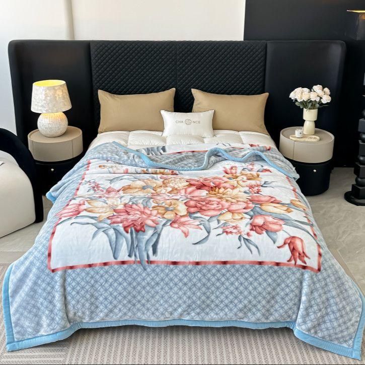 Double Layered Printed Thickened Raschel Soft Blanket Heat Retention Warm Quilt No Shedding Colorfast Anti-static Travel Throw
