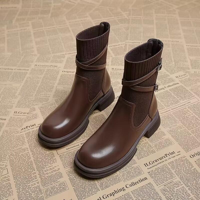 Thick Soled Martin Boots for Women 2024 New Autumn Brown Boots Women's Socks Boots Slim Boots British Style and Western-style Short Boots