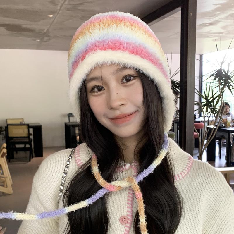 Winter Rabbit Hair New Rainbow Gradual Change Contrasting Color Ear Protector Wool Hat Women's Warm and Cold Plush Knitted Pullover Hat