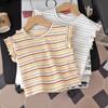 Baby Girls T-shirt Summer New Children's Thin Cotton Sweet Knitted Ruffled Tops Korean Striped Round Neck Base Shirts