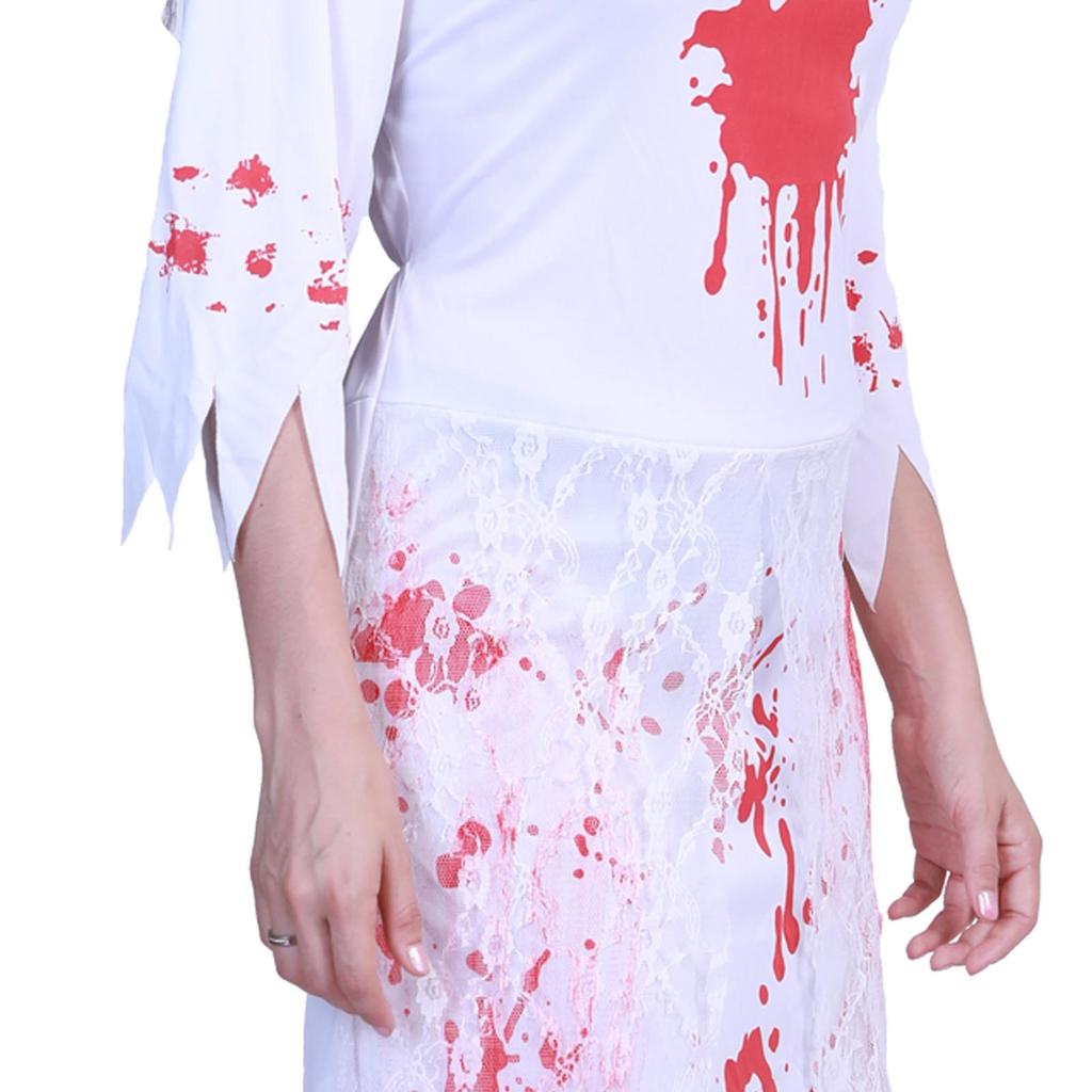 Women Zombie Bride Bloody Costume Lace Scary Outfit Bloodstained Zombie Bride Dress for Festival Holiday Party S