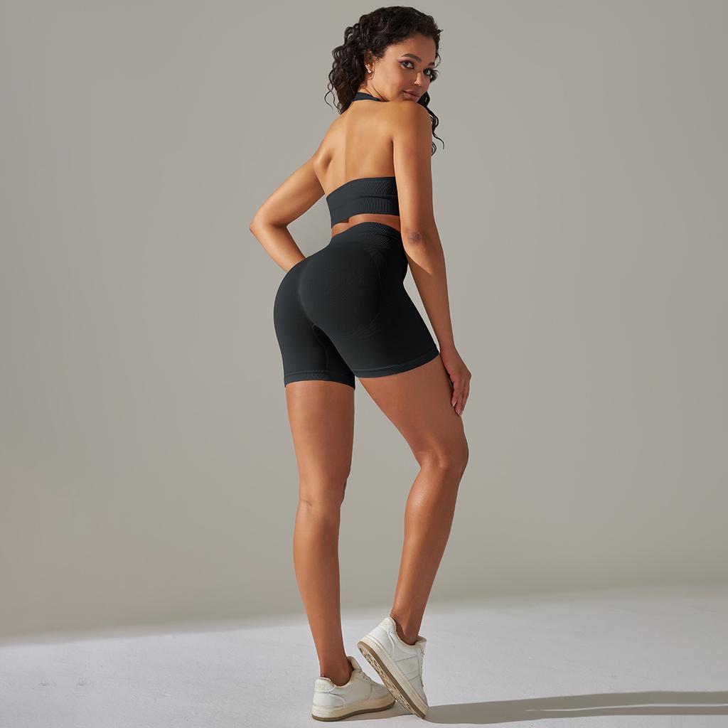 Seamless Knitted Back High Elasticity Sports Bra Yoga Set Running Fitness Shorts Two Piece Set For Women