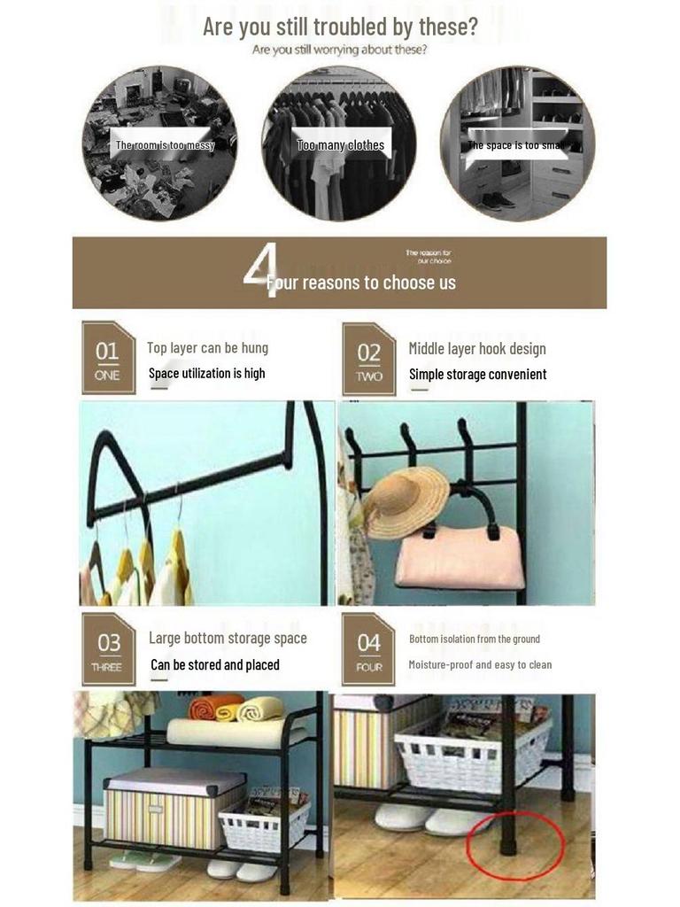 Perchero y Ropero Sencillo para Dormitorio con Ganchos y Estante de Almacenamiento Multicapa