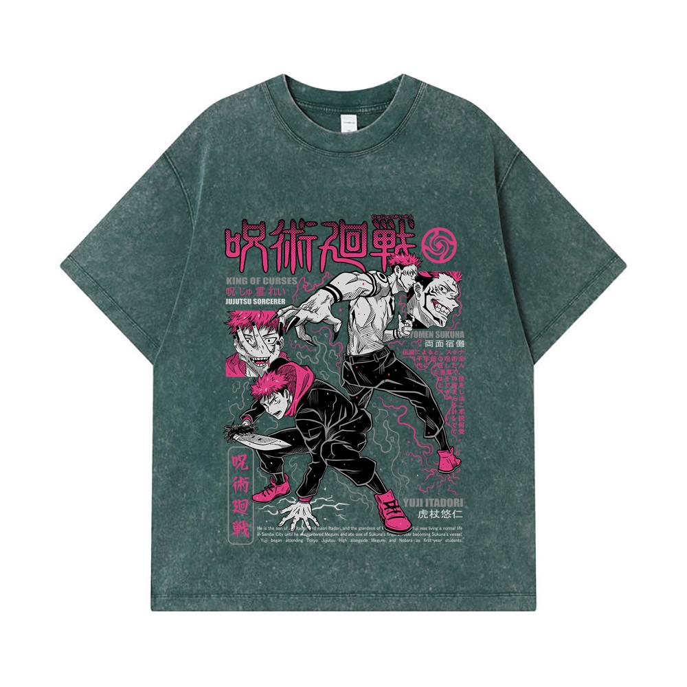275 GSM Washed T-shirts 100% Cotton Jujutsu Kaisen V34 Yuji Sukuna Print Unisex Heavy Cotton T Shirt